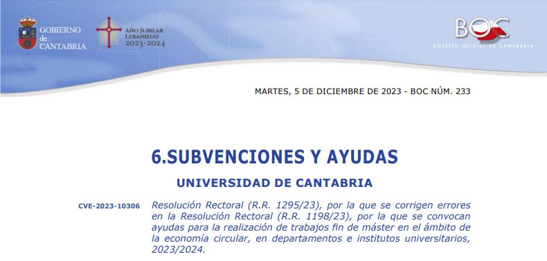 PUBLICADA la corrección de errores de la convocatoria de Ayudas a TFM
